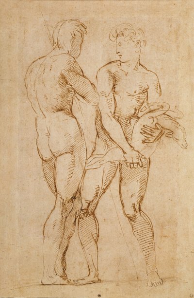 Dos hombres desnudos de pie, uno sosteniendo un cordero de Raffaello Sanzio Raphael